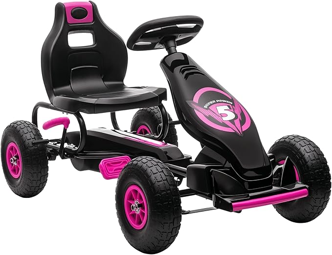 Aosom Kids Pedal Go Kart Ride-on Toy with Ergonomic Comfort, Pedal Car with Tough, Wear-Resistant Tread, Go Cart Kids Car for Boys & Girls with Suspension System, Safety Hand Brake, Ages 5-12, Pink
