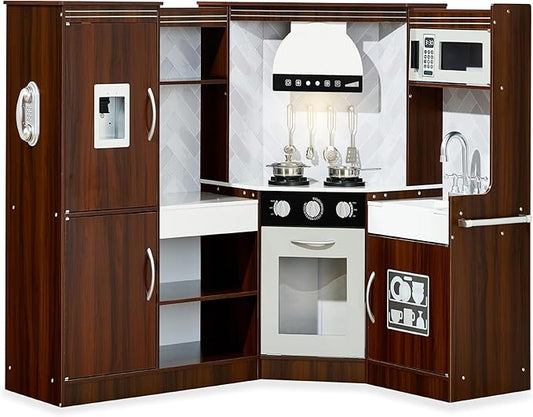 Best Choice Products Pretend Play Corner Kitchen, Ultimate Interactive Wooden Kids Playset w/Lights & Sounds, Ice Maker, Hood - Espresso