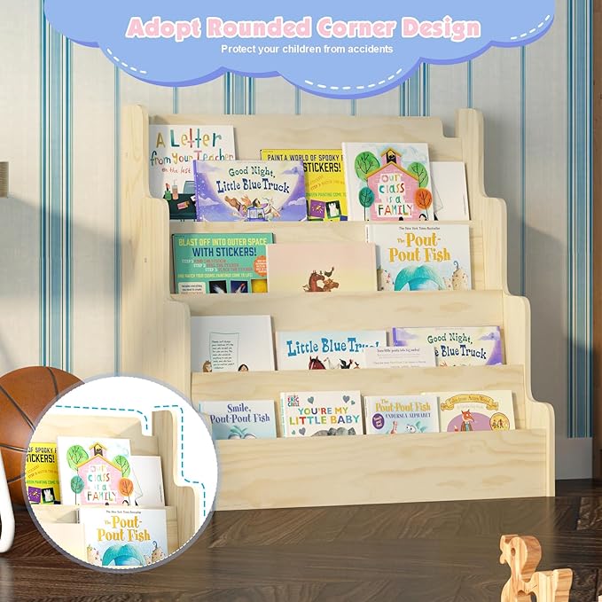 NACHES Kids Bookshelf Wooden 4 Tier Scalloped Bookshelf Toddler Montessori Bookcase Children Front Facing Display Book Shelves for Nursery Kids Room Reading Room Bedroom Classroom
