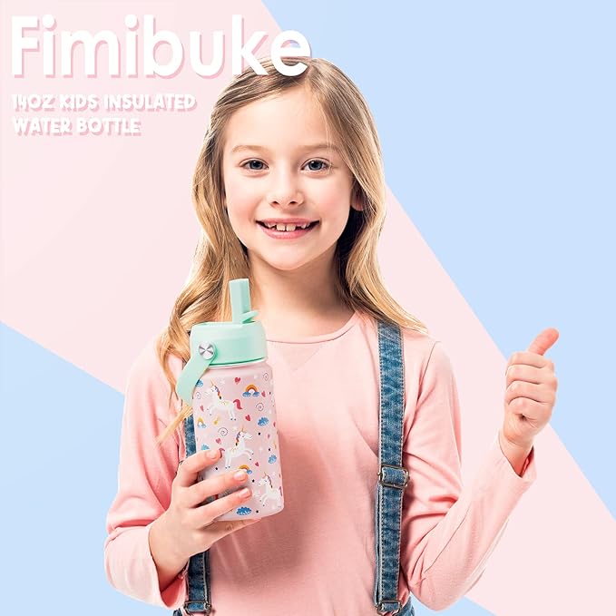 Fimibuke Kids Insulated Water Bottle, 14oz BPA FREE Double Wall Vacuum Tumbler 18/8 Stainless Steel Leak Proof Kids Cups with Straw Metal Bottle for School Boy Girl (2 Pack, UNICORN/WHITE DINOSAUR)