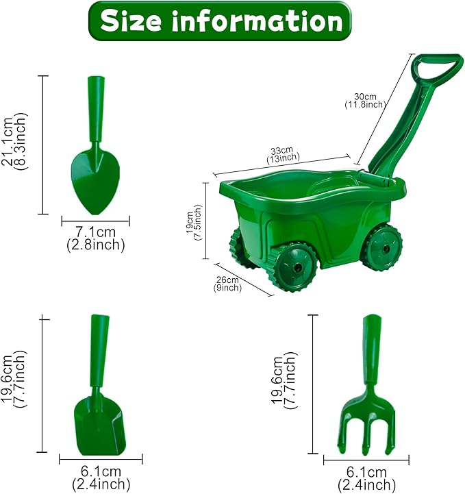 Duckura Kids Gardening Tools Set - 7pcs Wheelbarrow Set for Kids with Shovel, Rake, Leaf Rake, Summer Outdoor Yard Digging Weed Toys, Halloween Birthday Gifts for Boys Girls Age 3+ Years Old(Green)