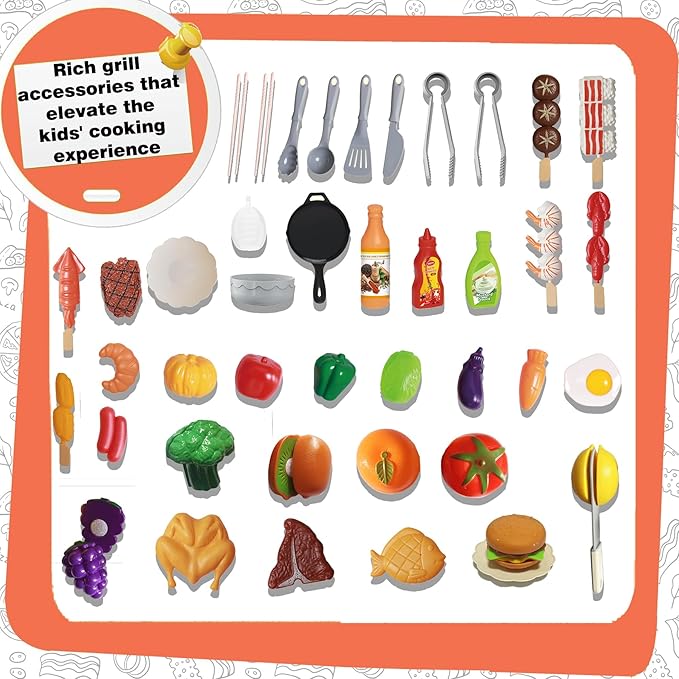 Kitchen Toy Set, Kids Grill Playset with Play Sink, Indoor Outdoor Interactive BBQ Grill Play with Smoke, Sound & Light, Pretend Cutting Food for Toddlers, Christmas Birthday Gift for Boys and Girls