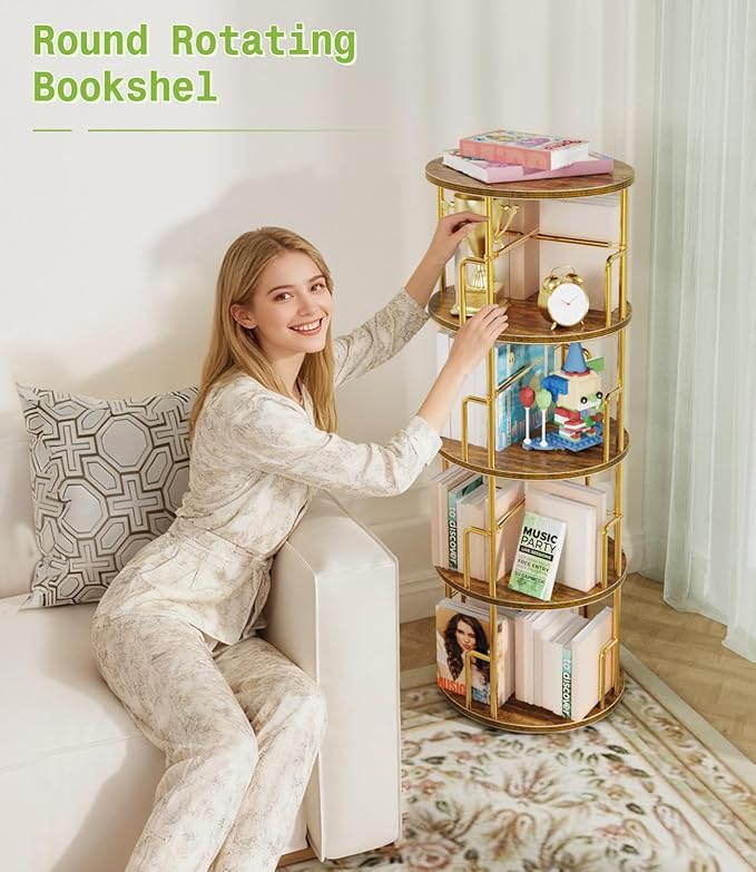 4 Tier Rotating Bookshelf Tower Round Gold,50” Floor Standing Spinning Bookshelf Tower Anti-Tipping Design,Metal & Wood Revolving Bookcase Stackable Space Saving for Small Spaces,Study,Living Room
