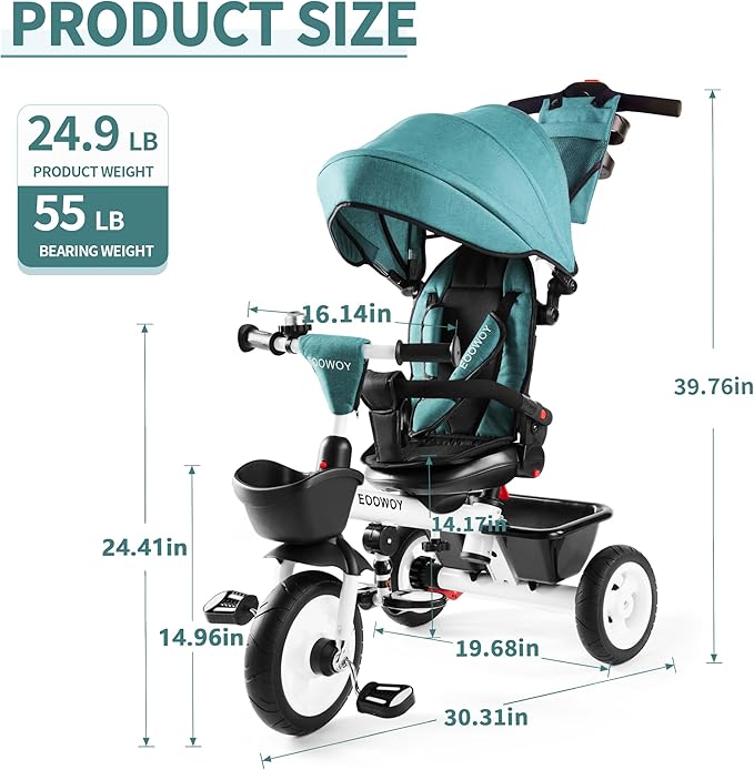 Baby Trike, 6-in-1 Kids Tricycle with Adjustable Push Handle, Removable Canopy, Safety Harness for 18 Months - 5 Year Old(Green)