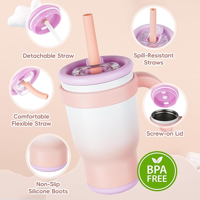14oz Toddler Sippy Cup Vacuum Insulated Stainless Steel Kids Cup with Handle, Spill-Proof Straw, Leak-Proof Travel Cup for Home or On-the-Go