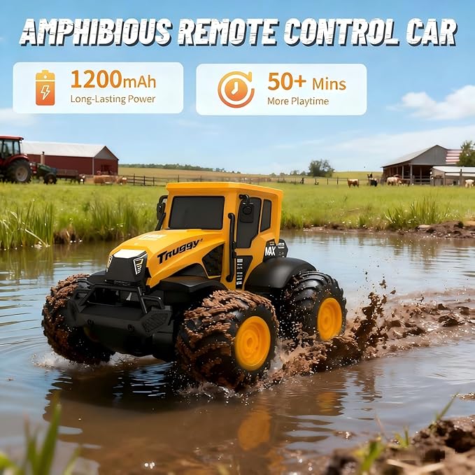 Remote Control Tractor Toy - 1:14 Amphibious RC Monster Truck Toys for Kids, 2.4 GHz 4WD All Terrain Off-Road Farm Vehicle, Perfect Birthday for Boys and Girls