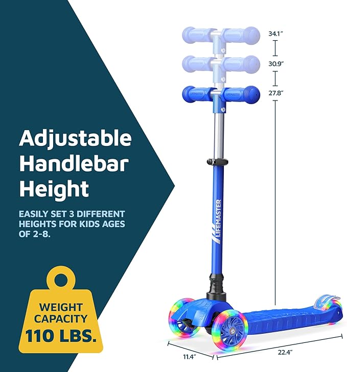 Lifemaster Mini 3-Wheel Kids Scooter with Multi-Color Wheel Lights – 4-Height Adjustable Handlebar, Wide Anti-Slip Deck, Child Safety Certified, Boys & Girls Ages 2+ Supports Up to 110 lbs
