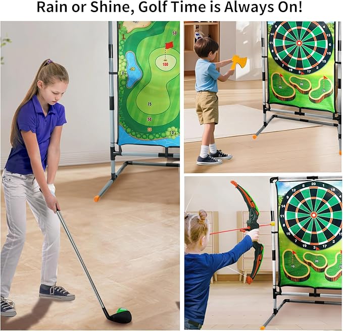 Golf Chipping Game with Stand, Multi-Sport Golf Practice Set with Archery, Darts,Double-Sided Hitting Mat for Backyard Fun, Indoor/Outdoor Sports Toy for Kids & Adults