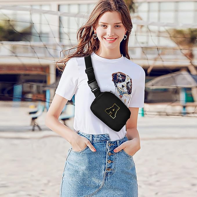 Gitus Belt Bag Fanny Pack Crossbody Bags with Initial Letter Patch Gifts for Wife Older Women Mother Coworker Bridesmaid Anniversary Travel Gifts Beach Gifts (Black-A)