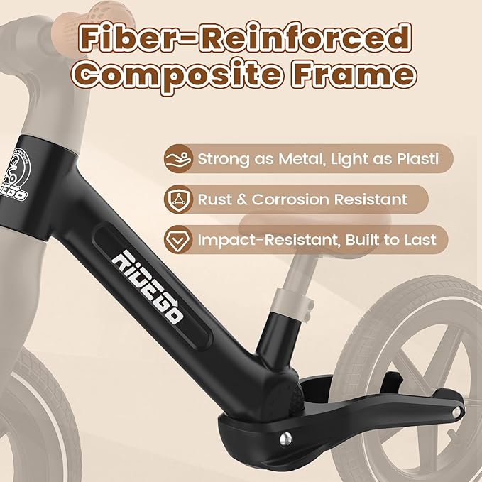 Ridego 14 Inch Balance Bike for Kids 3–6 Years, Lightweight Toddler Bike with Air Rubber Tires, Adjustable Seat, Durable Push Bicycle Gift for Boys & Girls