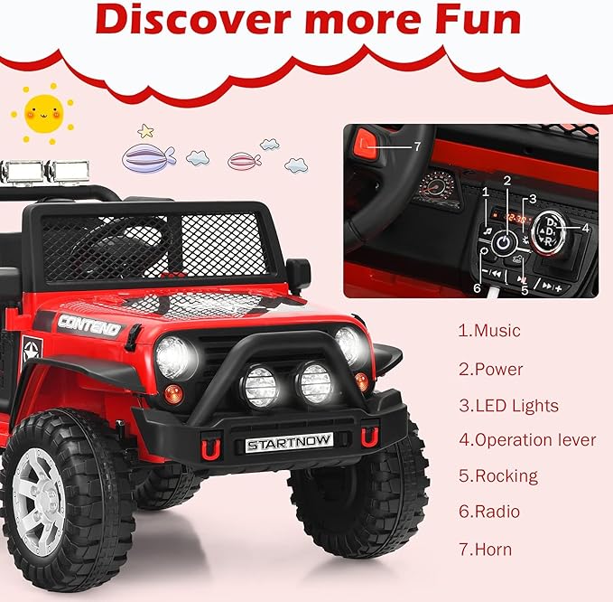 Costzon 2-Seater Ride on Truck, 12V Battery Powered Electric Vehicle w/Remote Control, 2 Speeds, Spring Suspension, LED Light, Horn, Music/ MP3, 2 Doors Open, Ride on Car for Kids (Red)