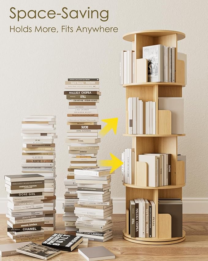 Masupu Rotating Bookshelf, Tall 4 Tier Rotating Spinning Bookshelf Tower, 360 Spinning Floor Standing Bookcase Storage Rack, Conner Rotating Book Shelf for Kids Rooms, Bedroom, Living Room