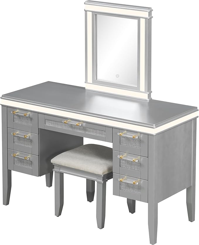 LUMISOL Makeup Vanity Desk with Mirror and Lights, 3 Lighting Modes, 48" Vanity Table with 7 Bamboo Weave Drawers, Dressing Table Set with Cushioned Stool, Grayish Blue