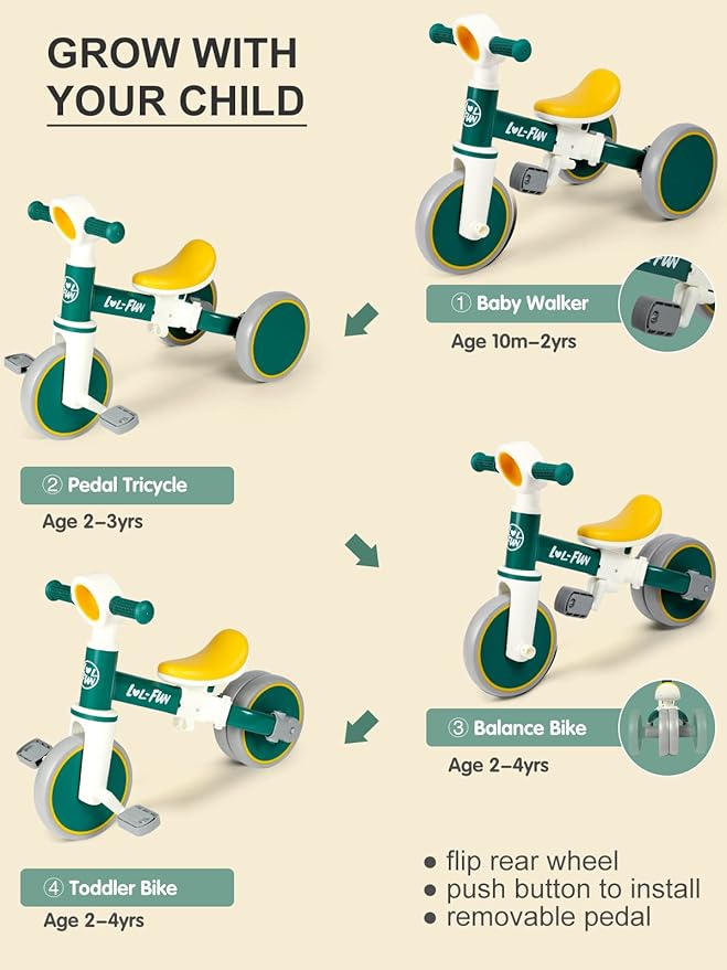 LOL-FUN Toddler Balance Bike for 1 to 4 Years Old Boys Girls Gift, 4 in 1 Baby Bicycle for 1 2 Year Old Kids Tricycle 3 Wheel with Easy Assembly Removable Pedal
