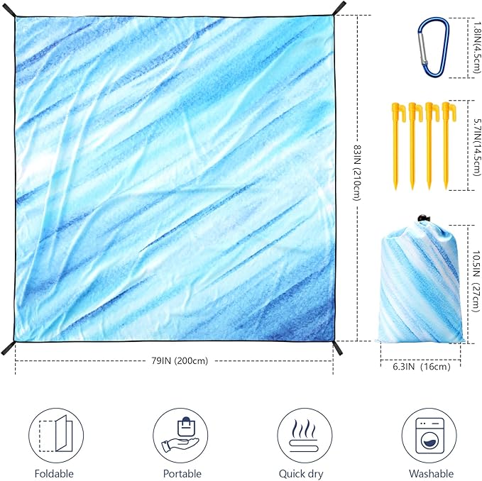 Beach Blanket Waterproof Sandproof Beach Mat 79" X 83"/10'x9'for 2-8 Adults Quick Drying Outdoor Picnic Mat Beach Accessories for Travel, Camping, Hiking