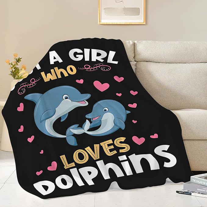 Dolphin Blanket Just A Girl Who Loves Dolphins Throw Blanket Gifts for Kids Girls Boys Adults Women Men Super Soft Cozy Plush Fluffy Fuzzy Fleece Blanket Decor 60''X80''