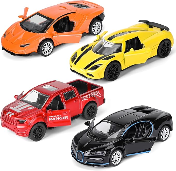 4 Pack 1/36 Metal Diecast Cars Toy with Opening Doors Kid Pull Back Cars Toys Set,Boy Toy Car for Age 3 4 5 6 7 8 9 10 11 12