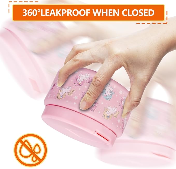 13.5oz Kids Soup Jar for Hot Food Vacuum Insulated Food Jar with Buckle Lid, Stainless Steel Wide Mouth Leak Proof Lunch Container for School Picnic Travel (Unicorn Pink)