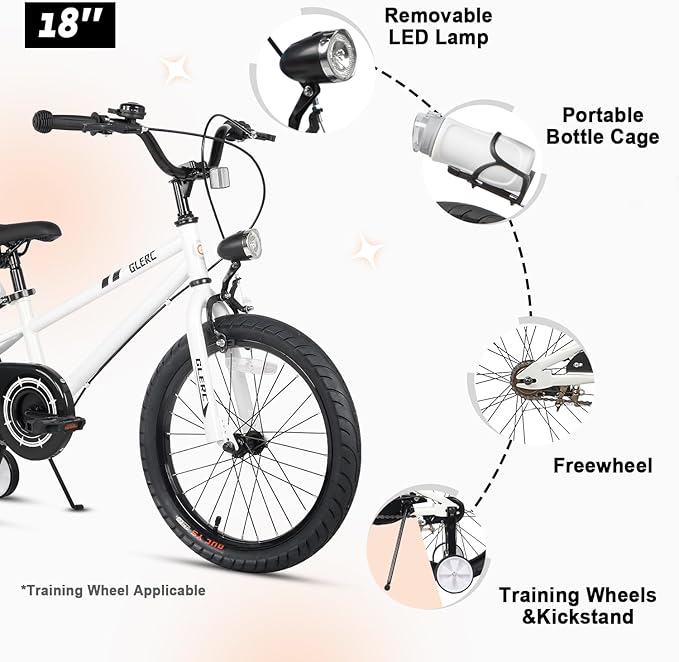 Glerc Fantacy Kids Bike, 12-20 Inch Children Bicycle for 2-13 Years Old Boys Girls, Kids Bicycle with Water Bottle Holder & Headlight & Training Wheels, Multiple Colors