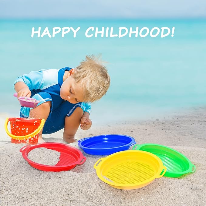 Sand Sifters Sieve for The Beach Sand Toys (Red, Blue, Yellow & Green) Complete Gift Set Bundle-4Pack(8.75x 9.75in)…