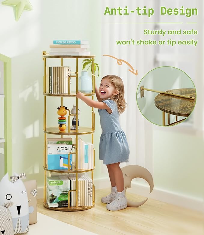 4 Tier Rotating Bookshelf Tower Round Gold,50” Floor Standing Spinning Bookshelf Tower Anti-Tipping Design,Metal & Wood Revolving Bookcase Stackable Space Saving for Small Spaces,Study,Living Room