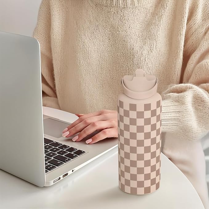Checkerboard Water Bottle 32oz Stainless Steel with Lid & Straw, Beige Checker Insulated Bottles for Women Girls, Gift Idea for Christmas Birthday