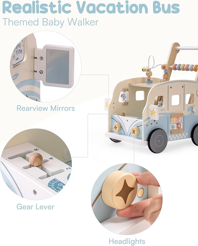 ROBOTIME Wooden Baby Walker, Baby Push Walker, Baby Activity Center Toys, Ajustable Speed Multi-Functional Baby Walker with Wheels for Boys and Girls(Vacation Bus)