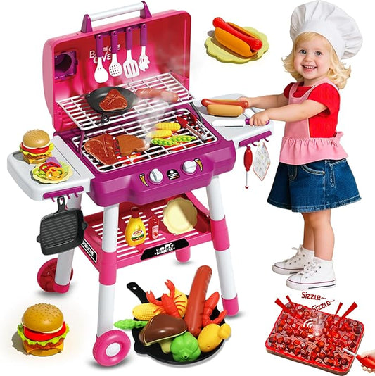 Kid Toy Grill, BBQ Grill Playset with Light Sound, Smoke Effect and 2 Wheels, Pretend Food, Little Chef Play Kitchen Accessories, Birthday for Boys Girls Ages 3 4 5 6 7 8