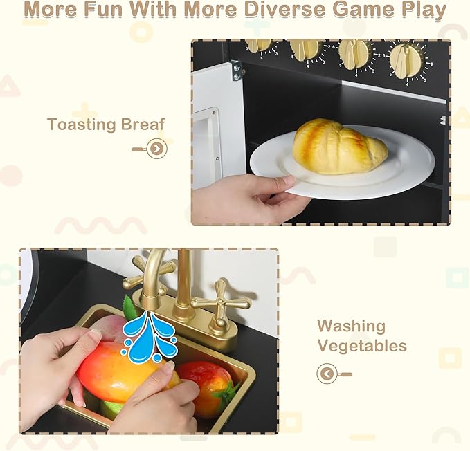 Kids Kitchen Playset, Wooden Play Kitchen with Toy Storage System, Pretend Play Kitchen Set Toy with Range Hood, Ice Maker & Coffee Maker, for Kids Ages 3+, Black