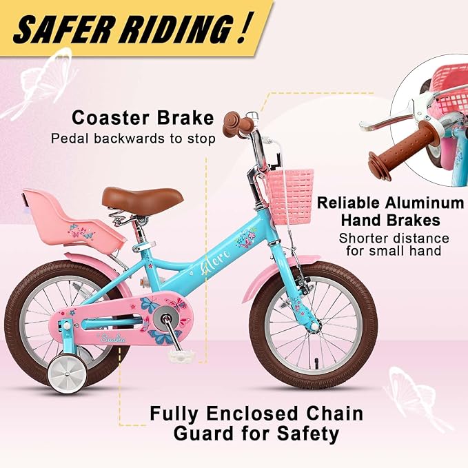 Glerc Sasha Girls Bike, 12-20 Inch Kids Bike for Ages 2-13 Years Old Children, Retro Vintage Style Kids Bicycle with Doll Bike Seat, Basket and Training Wheels, Multiple Colors