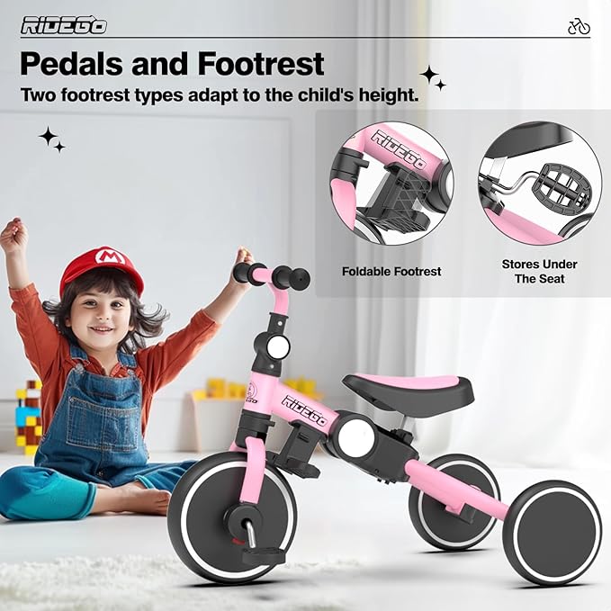 Ridego 5 in 1 Tricycle for Toddlers 3-5 Years Old,Foldable Toddler Bike with Push Handle and Cup Holder, Ideal Balance Bike and Birthday Gifts for 2 3 4 5 Year Old Boys Girls,Pink