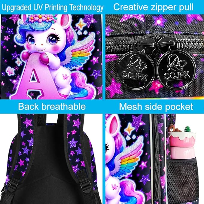 CCJPX 3Pcs Unicorn Backpack, 16” Girls Bookbag with Lunch Box, Kids Water Resistant Elementary School Bag for Kindergarten Preschool Toddler (Black)