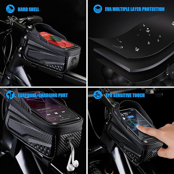 Waterproof Bike Bag, Long Extension Strap, Top Tube Bag Under 6.9'', Large Capacity, Touch Screen Compatible