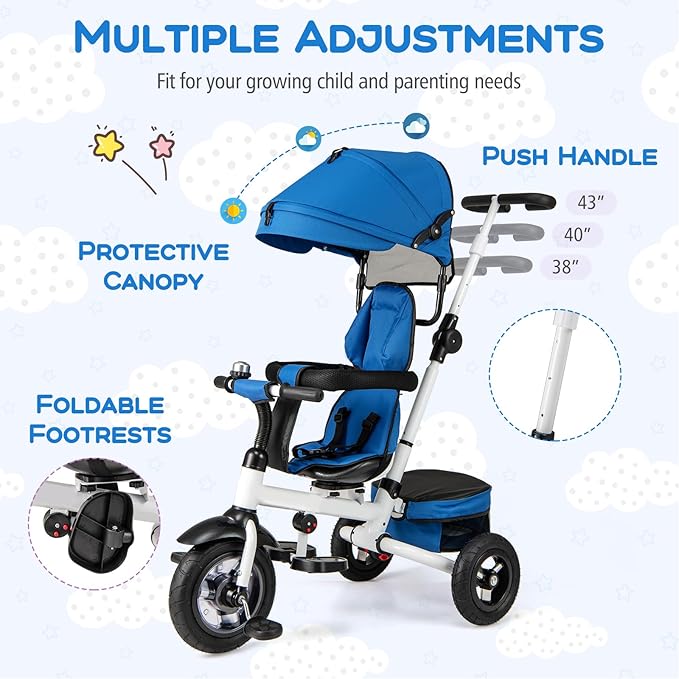 Costzon 5-in-1 Folding Kids Tricycle with Adjustable Push Handle & Canopy, Reversible Seat and Safety Harness, Push Trike with Storage for Toddler Aged 1-5 Years Old, Blue/Gray/Pink