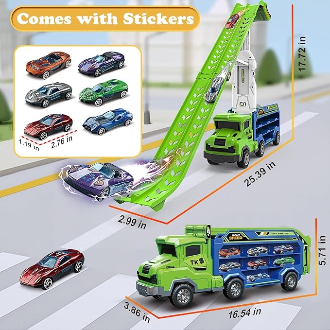 Toddler Car Truck Toys,Car Carrier Truck Toys for Kids Age 3-5 4-8,Foldable Car Track Sets with 2.8-Ft Race Track and 6 Die-Cast Race Cars, Truck Toys Gifts for 3 4 5 6 7 8+ Year Old Boys Girls(Green)
