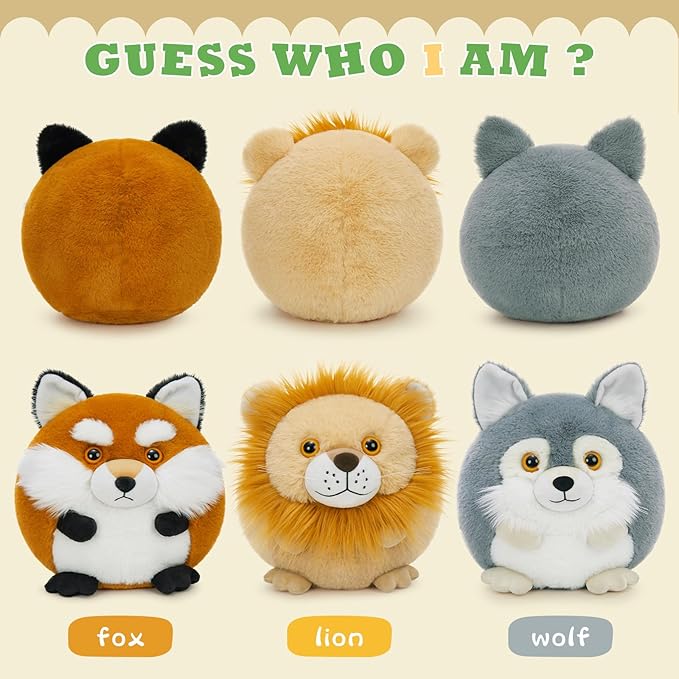 MaoGoLan 3Pcs Fox Stuffed Animal Plush Wolf Toy Lion Plush Big Stuffed Safari Animal Pillows for Kids, Women Valentine's Day Gifts Christmas Baby Shower Party Decorations