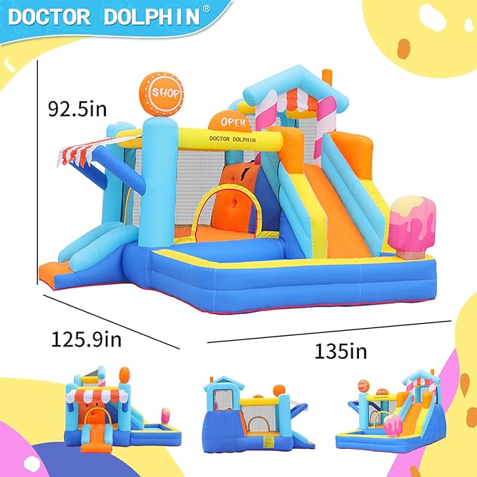 Doctor Dolphin Inflatable Bounce House for Kids Fun, Double Slide Jumping Inflatable Bouncer Blow Up Toddler Bouncy House for Kids 2-12 with Blower Use for Indoor&Outdoor