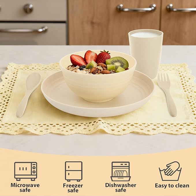 Kitchen Wheat Straw Dinnerware Sets for 4, Unbreakable Kids Dish Set 20 PCS - Dinner Plate/Cereal Bowl/Cup/Fork/Spoon, for Outdoor Camping, RV, Apartment Essentials - Beige