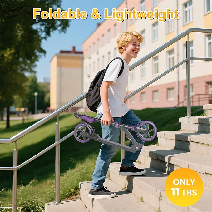 SIMATE Kick Scooter for Kids Teens & Adults, 3 Adjustable Heights, 8IN All Terrain Big Wheels, Dual Suspension, Foldable and Lightweight, Gifts for Girls Boys