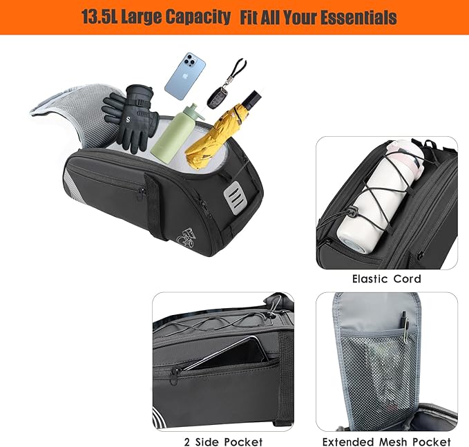 Rear Bike Rack Bag, 13.5L Waterproof Bicycle Ebike Saddle Bag Bicycle Trunk Pannier Rear Seat Bag with Reflector, Cycling Bike Carrier Backseat Storage Luggage for Commuter Travel