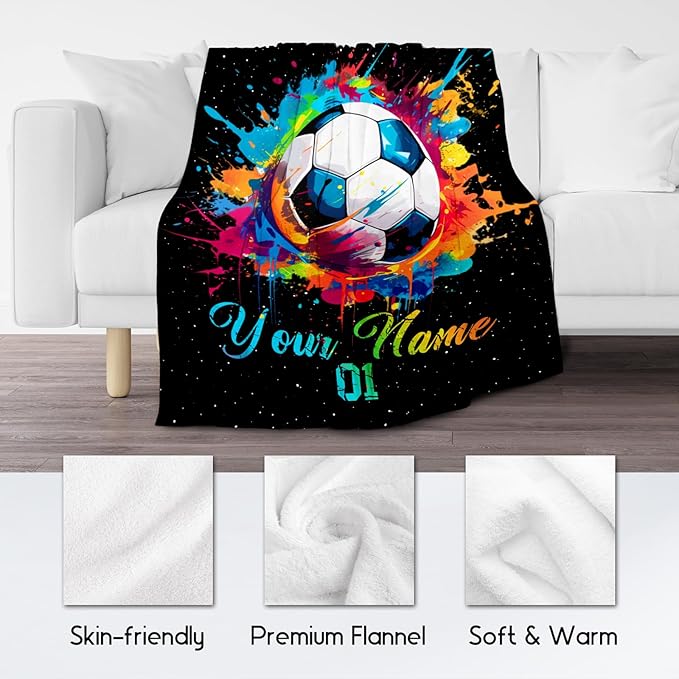Personalized Soccer Gifts for Boys, Custom Soccer Blanket Gift for Sport Lovers, Flannel Throw Blankets for Kids Girls Teens, Sports Decorations for Room Team Player (Colorful, 30x40 Inch)