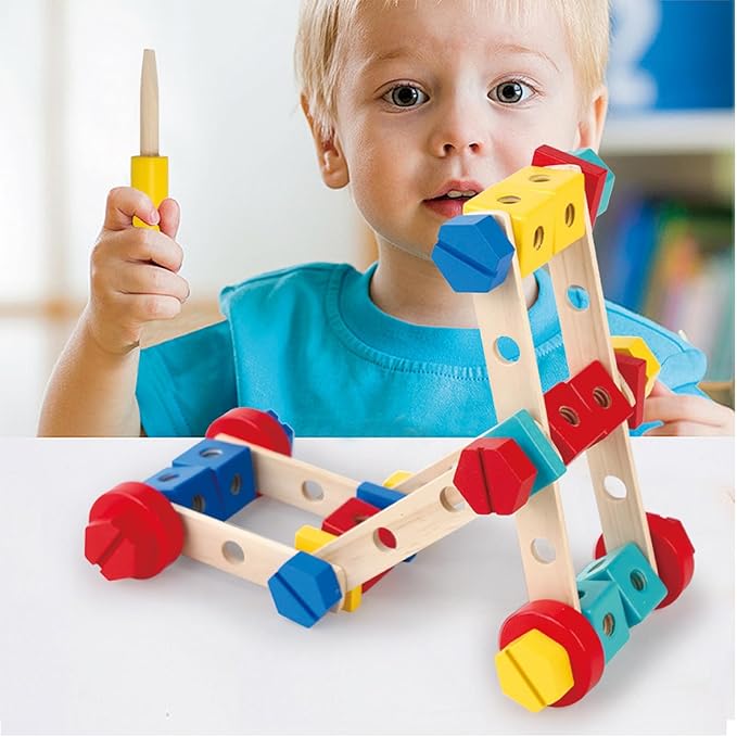 Wooden Nut & Bolt Building Toy for Kids Montessori STEM Construction Set with Tools, Educational Building Blocks for Toddlers Ages 3+ (Boys & Girls)