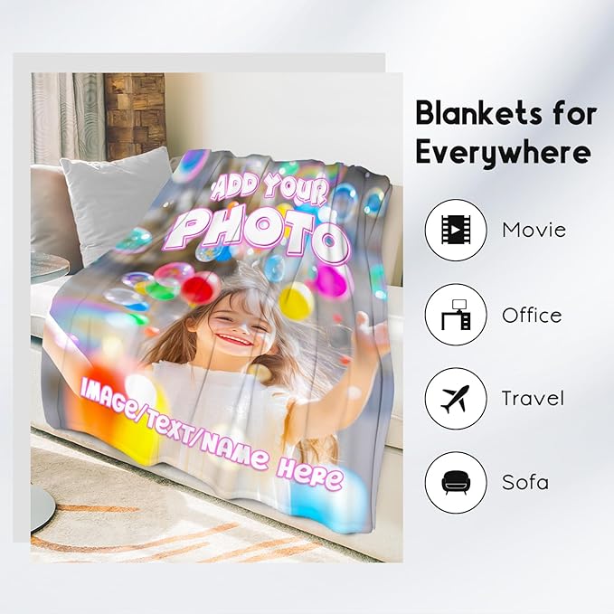 Personalized Throw Blankets, Custom Picture Blankets for Girls Kids, Customized Photo Blanket with Text Name, 40"x50" Soft Flannel Throw for Toddlers Child Daughter