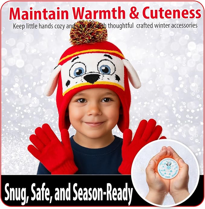 Nicklelodeon Paw Patrol Boy's Winter Hat and 2 Pair of Gloves or Mittens Set (Toddler/Little Boys) Size Age 4-7, Paw Patrol Marshall Glove with Handwarmers