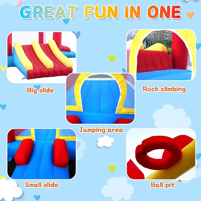 Dual Slide Bounce House, Inflatable Bouncy Castle with Blower, 5in1 Indoor Outdoor Children's Bouncer Jumper Playhouse w/Basketball Rim and Carry Bag, for Kids 3-12 (12‘D x 10’W x 6.7‘H)