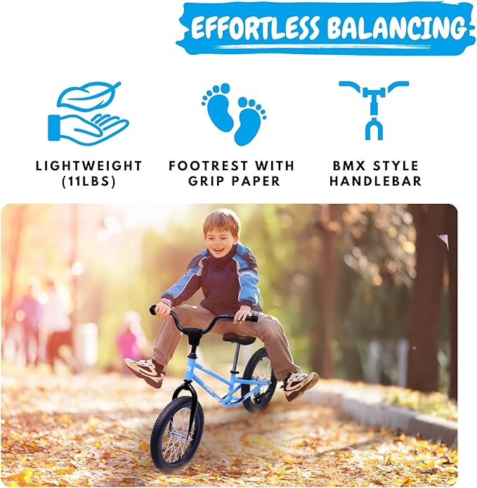 16 Inch Kids Balance Bike for 5-8 Year Old, BMX Kids Bike with No Pedals, Air Rubber Tires, Footrests, Adjustable Height for Big Kids, Boys, Girls (Black)
