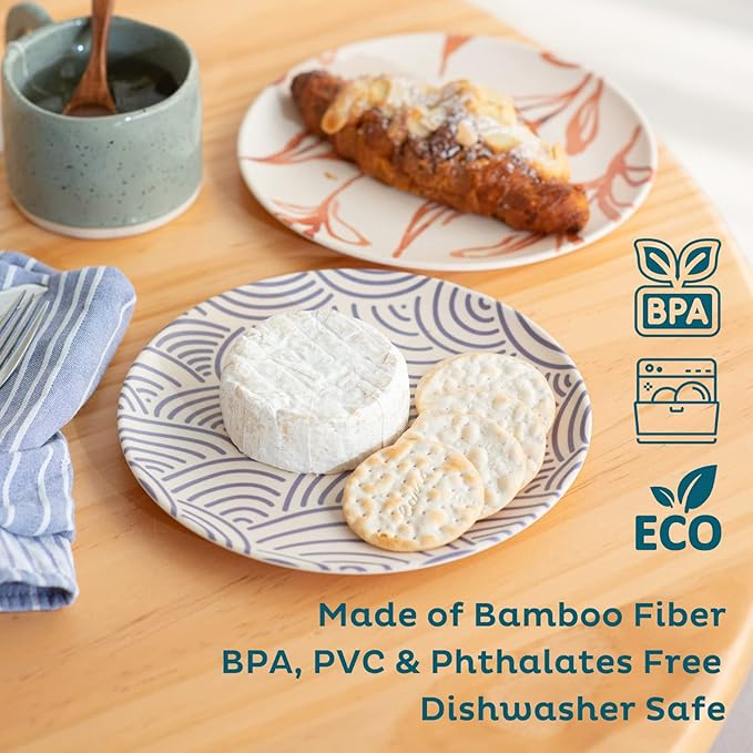 Nook Theory 4 Pack Reusable Bamboo Plates - Non-Toxic Toddler and Kids Plate, Dishwasher Safe, Not Microwavable Dinnerware (Coast 8")