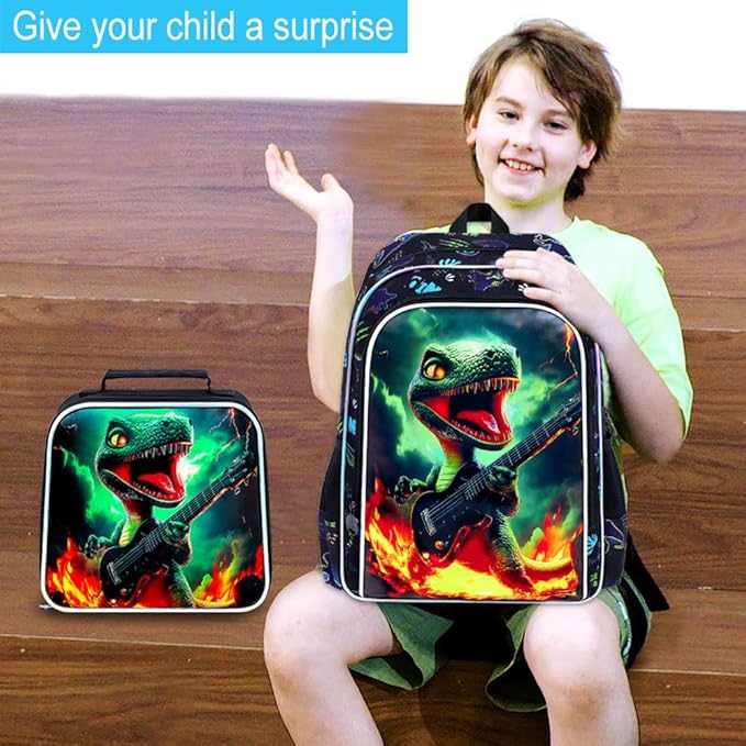 16" Dinosaur Backpack for Boy, 3Pcs Bookbag for Elementary Preschool Kindergarten, Kids School Backpacks with Lunch Box (Black)
