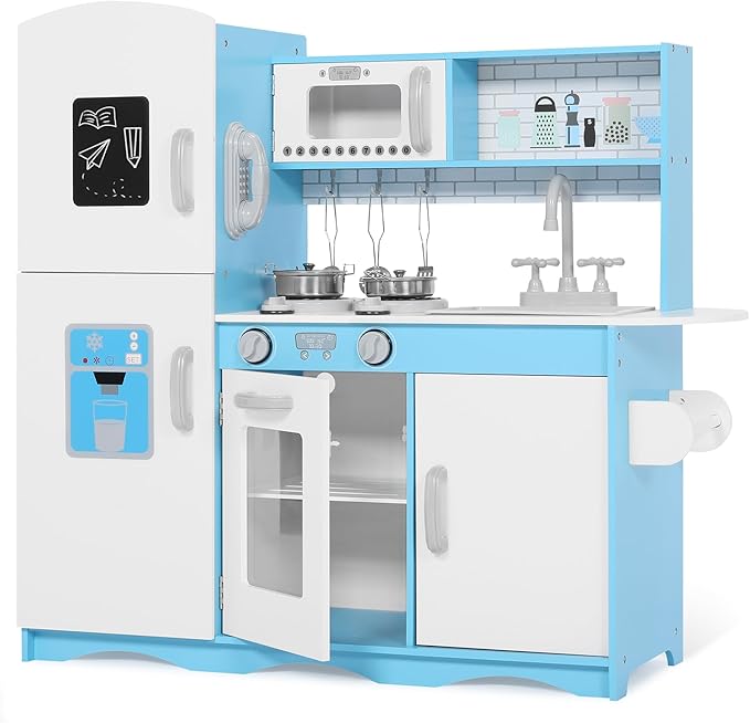 Kinder King Wooden Kids Play Kitchen, Toy Kitchen Playset for Toddler, Pretend Oven, Microwave, Telephone, Chalkboard, Interactive Doors, Knobs, Realistic Kitchen Sets for Boys Girls Age 3+, Blue