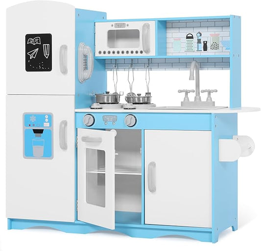 Kinder King Wooden Kids Play Kitchen, Toy Kitchen Playset for Toddler, Pretend Oven, Microwave, Telephone, Chalkboard, Interactive Doors, Knobs, Realistic Kitchen Sets for Boys Girls Age 3+, Blue